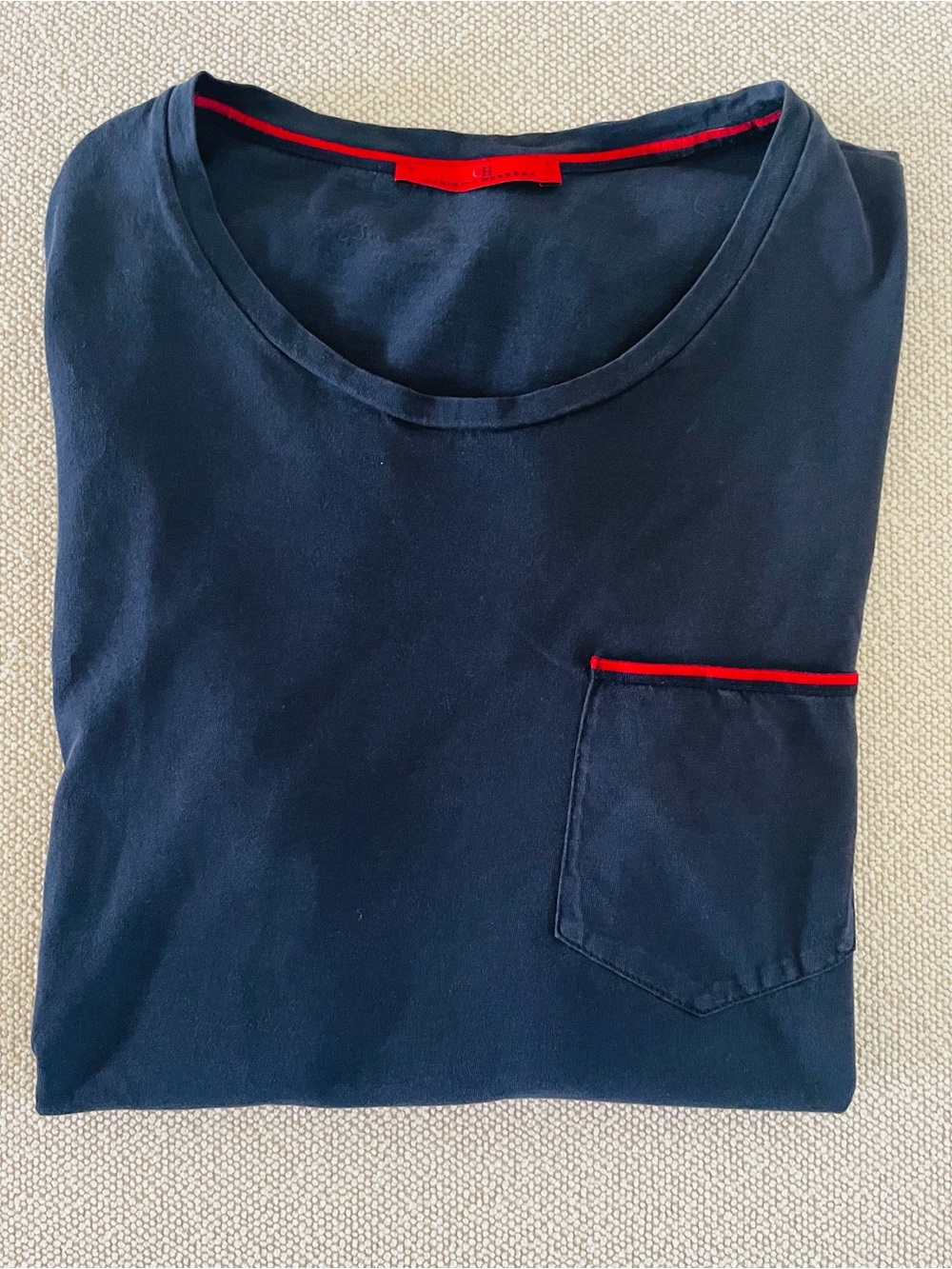 Carolina Herrera Men's Navy Short Sleeve Pocket Tee with Red Trim